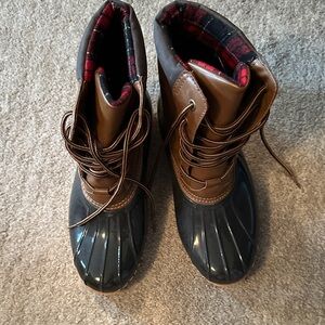 Sporto Women’s Black and Brown Rain Boots with red plaid  inside